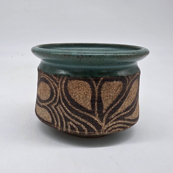 Handmade Green & Brown Ceramic Vase Pot With Textured Floral Design Signed - Picture 6 of 9